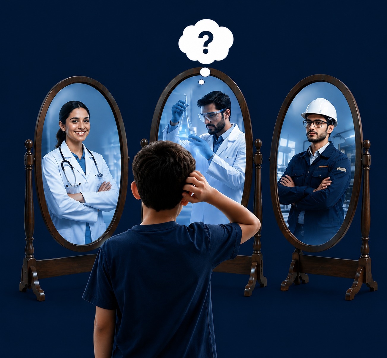 A student looking into mirrors that reflect a doctor, scientist, and engineer — exploring possible career paths